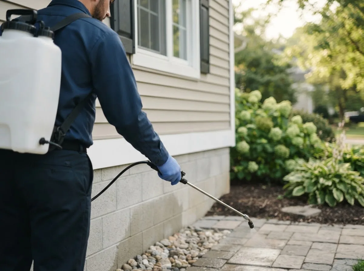 Pest control technician inspecting a home in Stanton, TX